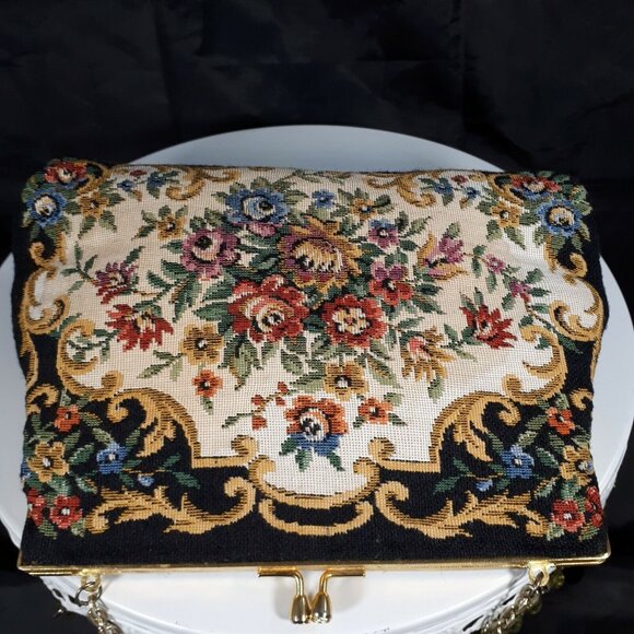 Vintage D-Val Hong Kong Designer Purse Black & Floral Tapestry Petit Point - Picture 4 of 7